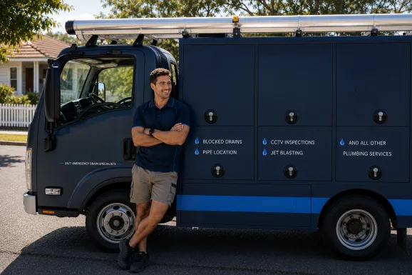 Plumber standing beside a service van in Coogee