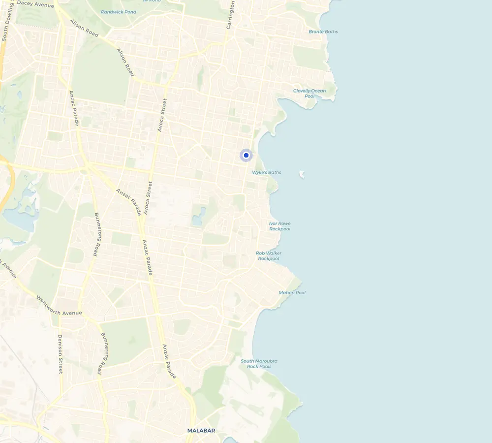 Map of the Coogee service area and the surrounding Eastern Suburbs, showing Coogee and the nearby streets we cover.